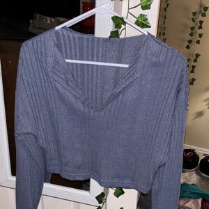 Gray Ribbed V-Neck Women's Top